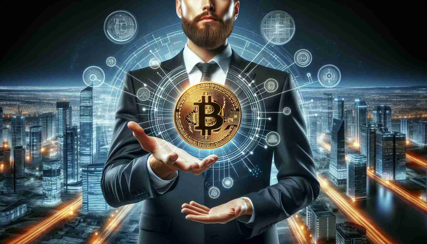 Realistic HD image of a prominent technology entrepreneur in a business suit, holding a golden token with the Bitcoin symbol on it. The background is a futuristic cityscape conveying the concept of a grand future for cryptocurrency.