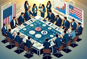 High-definition illustration of influential cryptocurrency industry experts influencing U.S. congressional elections with a fund of $169 million. The scene should include several people in business attire, discussing strategy around a table filled with spreadsheets and digital devices showing cryptocurrency values. Ensure there's a diverse representation of genders and descents including but not limited to Caucasian, Hispanic and South Asian.