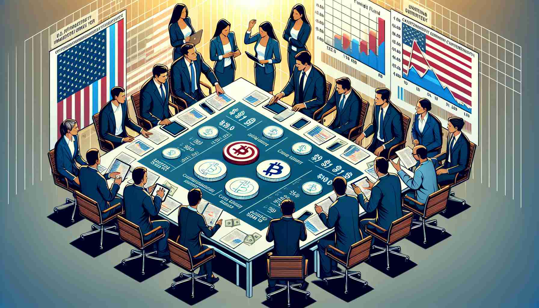 High-definition illustration of influential cryptocurrency industry experts influencing U.S. congressional elections with a fund of $169 million. The scene should include several people in business attire, discussing strategy around a table filled with spreadsheets and digital devices showing cryptocurrency values. Ensure there's a diverse representation of genders and descents including but not limited to Caucasian, Hispanic and South Asian.