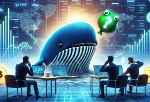 A realistic HD image showing the market reaction to a mysterious, unknown cryptocurrency trader, which is often symbolized as a whale, causing a significant stir with a colossal movement of a fictional digital currency symbolized by a frog emoji. The scene could include visualizations of data charts illustrating the huge amount of digital currency transferred or the sharp fluctuations in the market.