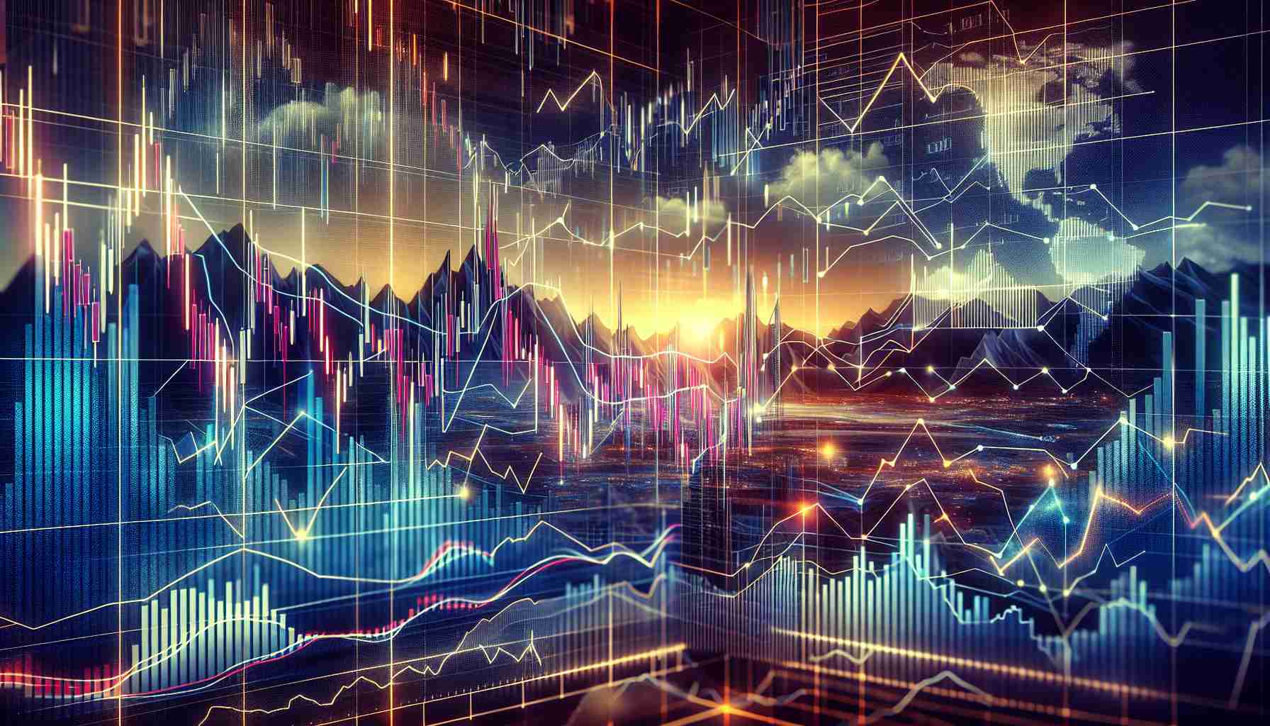 Generate a realistic, high-definition image of a financial data chart that represents potential downturns in a hypothetical digital currency market. The chart should include various indicators commonly found in such forecasts, such as candlestick graphs, volume graphs, moving averages, and trend lines. The general sentiment of the image should suggest a bearish market scenario, indicative of falling prices. Include well-labeled axes, key market points, and downturn signal lines.