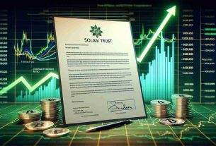 A high-definition, realistic image of a fictional proposal document for a Solana Trust by a generic investment firm, set against the backdrop of a graph symbolizing a soaring cryptocurrency market. The document should be rich in detail, featuring official-looking headers, financial terms, and the Solana logo. The background includes a rising line graph representing a bullish market trend in bright green, along with various technical analysis indicators.