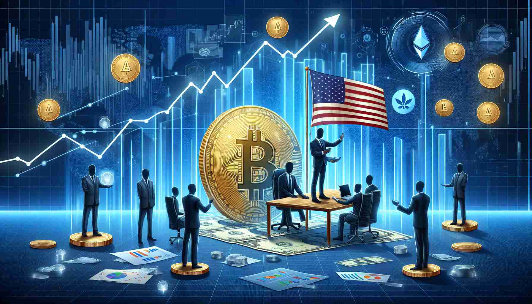 Create a high-definition, realistic style image depicting the concept of an anonymous politician's cryptocurrency investment causing a rally in an alternative coin market. The scene should reflect a mix of financial and technological concept elements such as charts, graphs, coins representing the altcoin, and relevant technology icons. Please also illustrate symbols of investment and an impressive rally, such as an upward-trending graph.