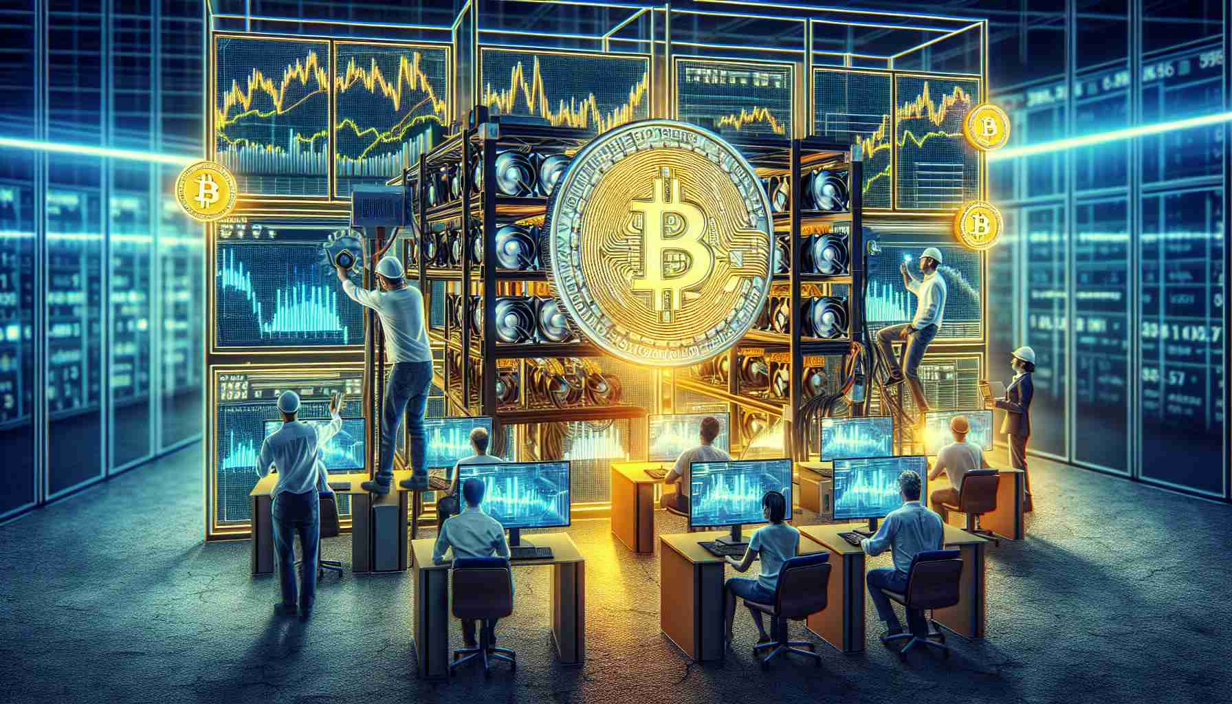 Create a high-definition, realistic image with the motif of Bitcoin mining. Show a group of diverse people operating mining rigs with attentiveness, embodying the concept of accumulation. The overall setting should be a high-tech facility, filled with screens displaying graphs and charts indicating a potential price surge in the near future. Please avoid showing any specific currency values or rates.