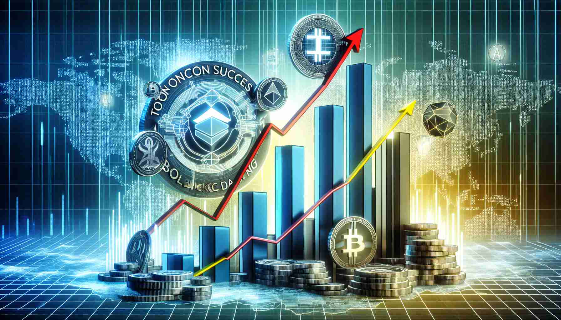 Realistic high-definition visual representation of the rise of Toncoin Success and BlockDAG amidst the decline of FTM. Please depict these concepts as symbolic elements within a stock market environment, with trends and graphs illustrating their respective ascents and descent.