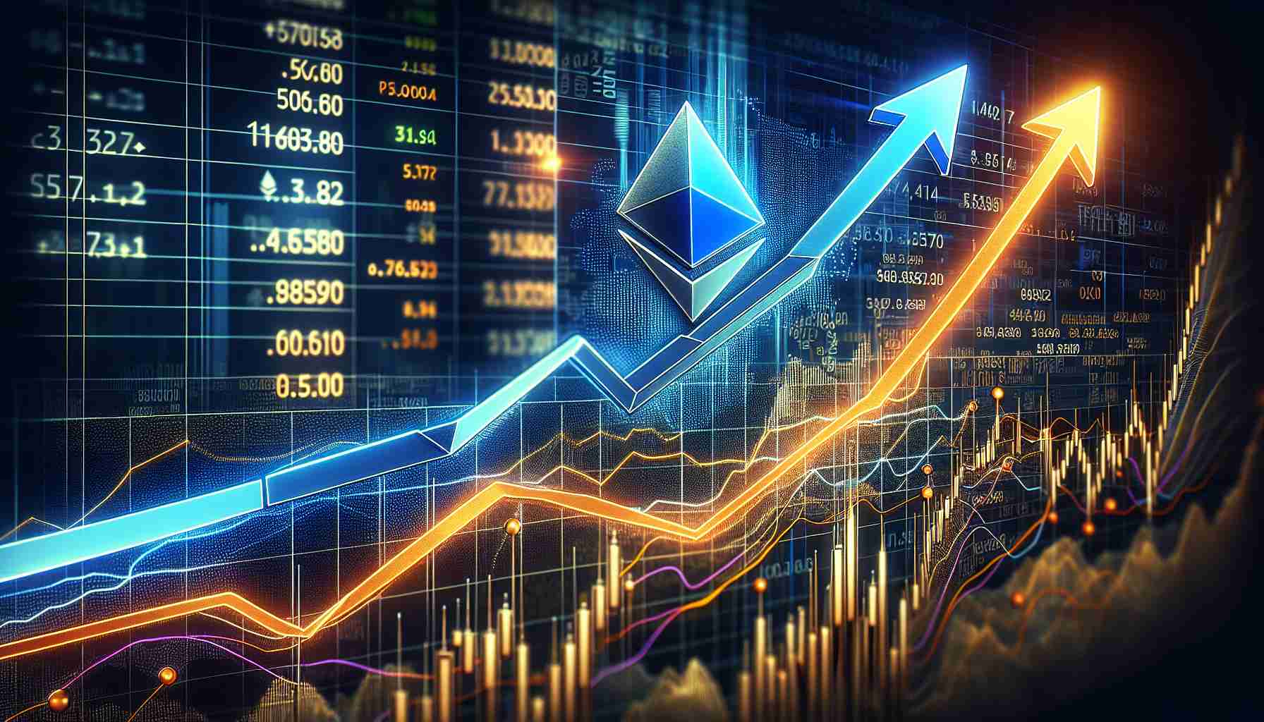 A detailed, high definition image illustrating the surge in cryptocurrency markets. Display an upward soaring line graph with two key lines representing Ethereum and Solana leading the race. The graph is set against a background of numerical data and complex algorithms. Ideally, use rich colors for the lines - perhaps blue for Ethereum and orange for Solana. The upward trend should clearly indicate a significant positive spike, symbolising the booming of the two cryptocurrencies. Ensure it communicates a sense of excitement and progressive growth in the world of digital finance.