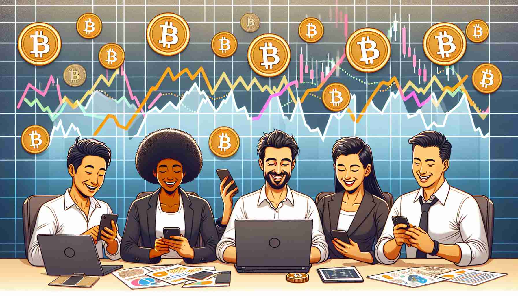 Create a detailed, high-resolution image of a diverse group of individuals contentedly reviewing their Bitcoin investments on their laptops and mobile devices in an office setting, conveying a sense of profit and success amidst a backdrop of stock market charts showing volatility. The people comprise of a Black woman, a Hispanic man, a Middle-Eastern woman, and a South Asian man, all variously engaged in studying market trends and expressing satisfaction with their cryptocurrency gains.