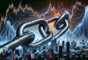 Create a highly detailed realistic image representing the concept of resilience amid market fluctuations, exemplified by a symbolic chain link. Please include a background of a stock market chart displaying intense volatility, with sharp peaks and deep valleys, and at the center place a metaphorical, durable steel chain link, showing no signs of breaking or cracking, epitomizing resilience and perseverance.