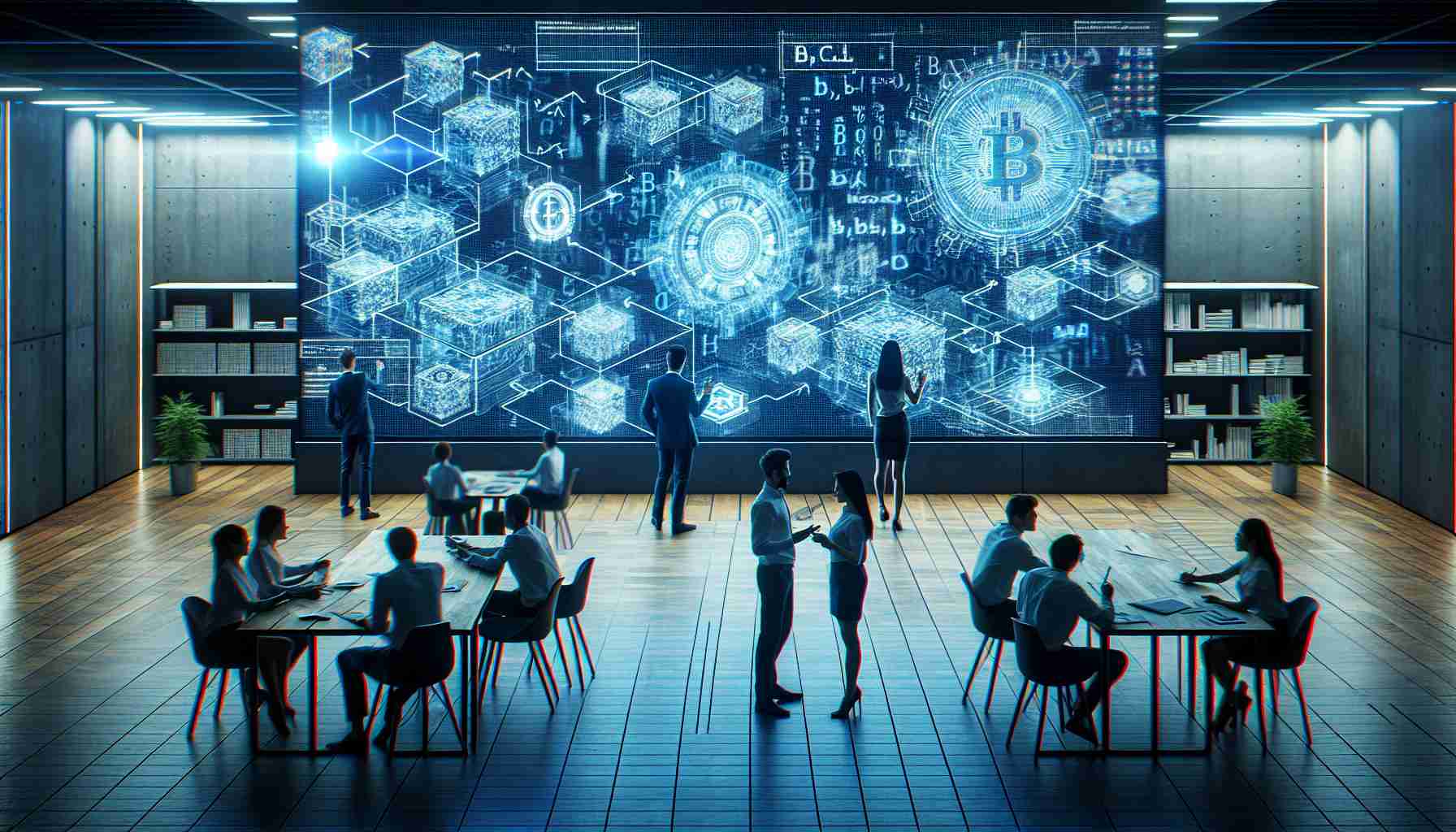 A high-definition, realistic image featuring the exploration into the digital future through blockchain innovations. The setting is a state-of-the-art technology university similar to RMIT, with individuals actively engaging in discussions and chalking out blueprints while standing in front of a large screen displaying complex blockchain algorithms. The ambiance reflects cutting-edge technology and innovative ideas taking shape.