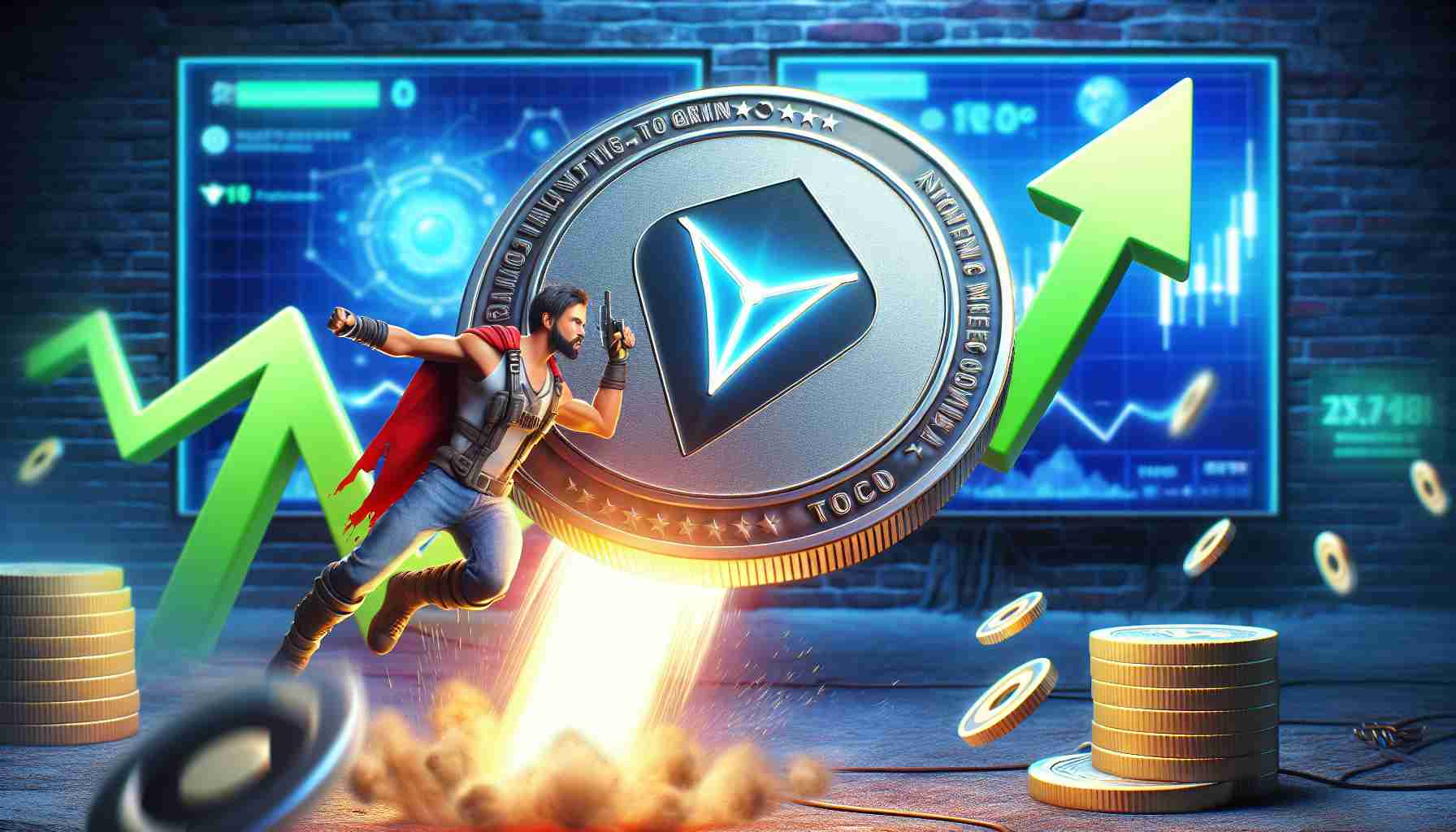 A high-definition, realistic image depicting the concept of a gaming token named 'Notcoin' leading a surge in the market. The token should be presented dynamically, maybe being launched or rising, to represent its spearheading role in the growth. Background should be themed around video games to represent the gaming context.