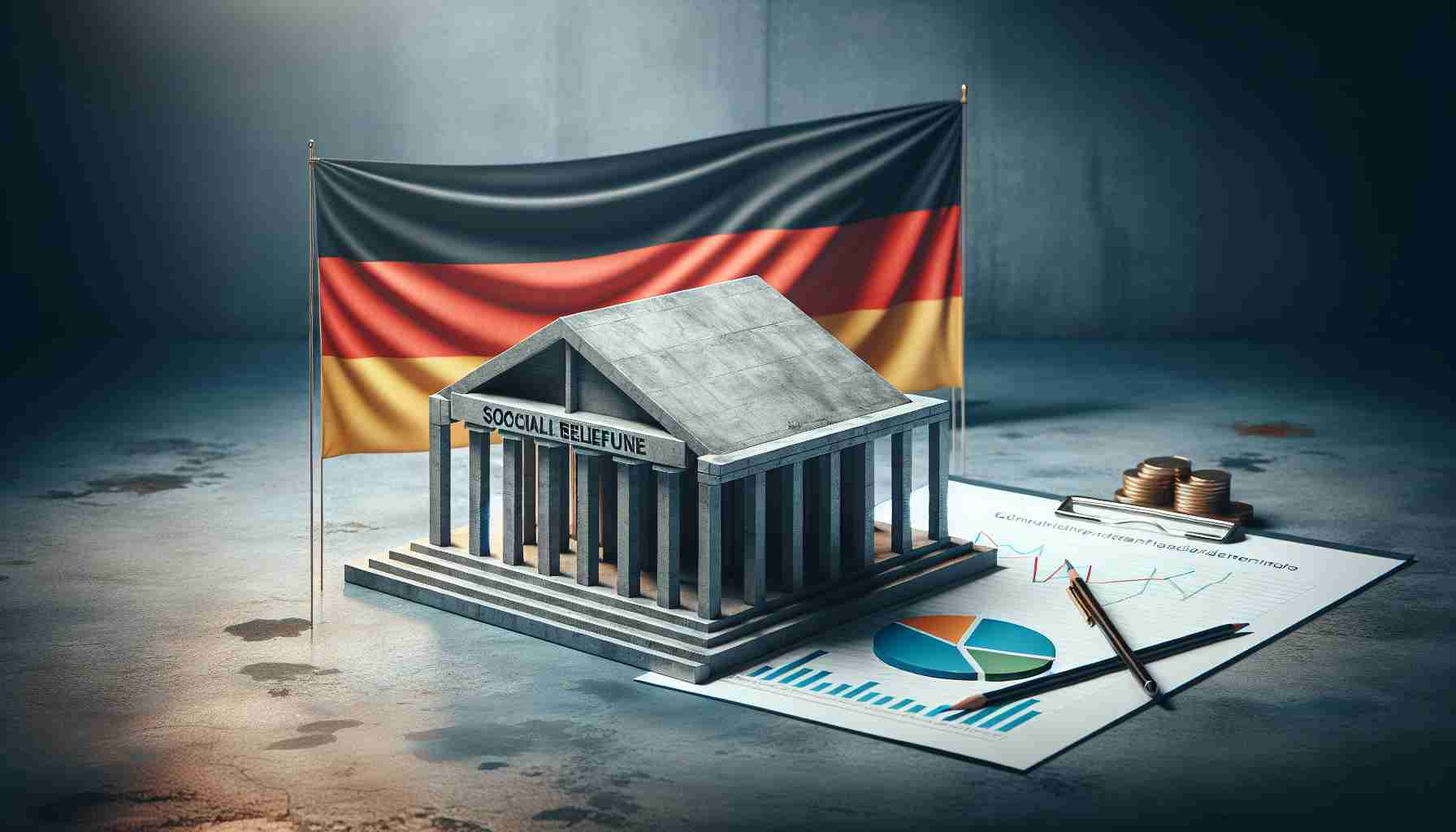 A realistic HD image representing the symbol of social welfare in Germany. Picture the German flag in the background, a concrete building indicating government authority and a support structure emphasizing the social welfare. Include a chart or a document to signify ongoing budget talks. Please remember to illustrate a peaceful and constructive atmosphere.