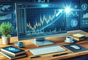 Generate a high definition, realistic image that represents a surge in a Solana-based Decentralized Exchange's (DEX) airdrop value. Ideally, this could include a computer screen with live crypto market data, showing a sharp upward trend. The Solana logo could be subtly placed in the scene for context, perhaps on the corner of the screen. Surround the computer with common office items such as a keyboard, coffee cup, or notepad to further enhance the realism of the image.