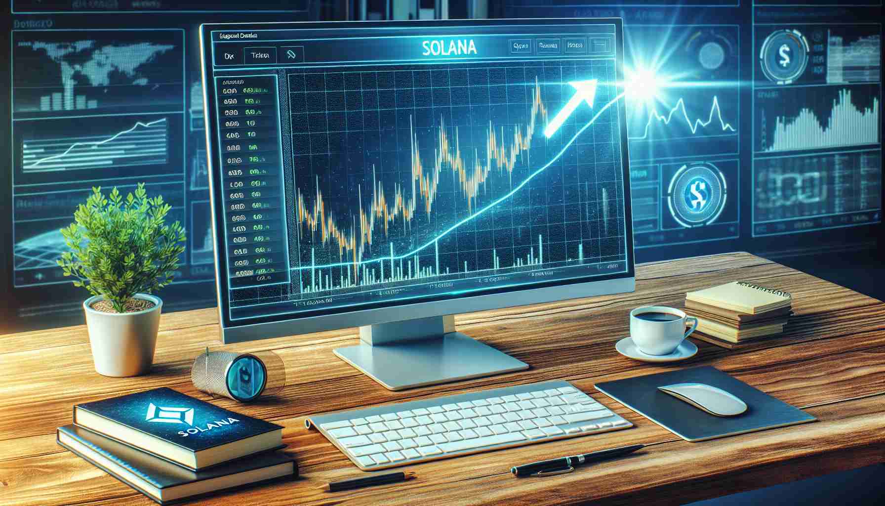 Generate a high definition, realistic image that represents a surge in a Solana-based Decentralized Exchange's (DEX) airdrop value. Ideally, this could include a computer screen with live crypto market data, showing a sharp upward trend. The Solana logo could be subtly placed in the scene for context, perhaps on the corner of the screen. Surround the computer with common office items such as a keyboard, coffee cup, or notepad to further enhance the realism of the image.