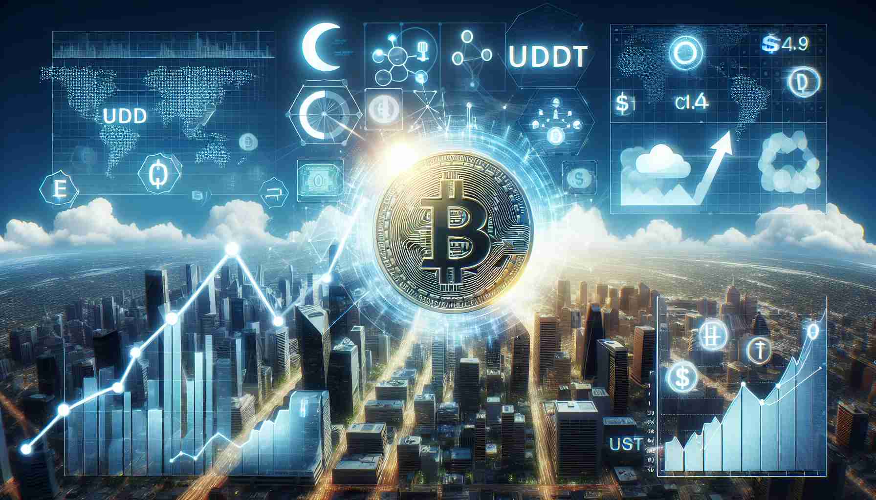 A high-definition, realistic image showcasing the rapid expansion of USDT, a digital currency on The Open Network. The perspective provides a closer look at its increased visibility and the attention it is attracting from users. Incorporate elements such as graphs, financial charts, and digital currency icons to visualize this expansion.