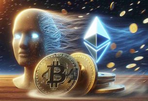 A highly detailed, realistic representation of physical Bitcoin and Ethereum tokens. The visual metaphor of 'face headwinds' is represented as a gust of wind blowing against the coins, possibly causing them to tilt or sway. In the backdrop, symbolic is the rise of artificial intelligence and meme token concepts, represented as a bright light or stars outshining the Bitcoin and Ethereum.