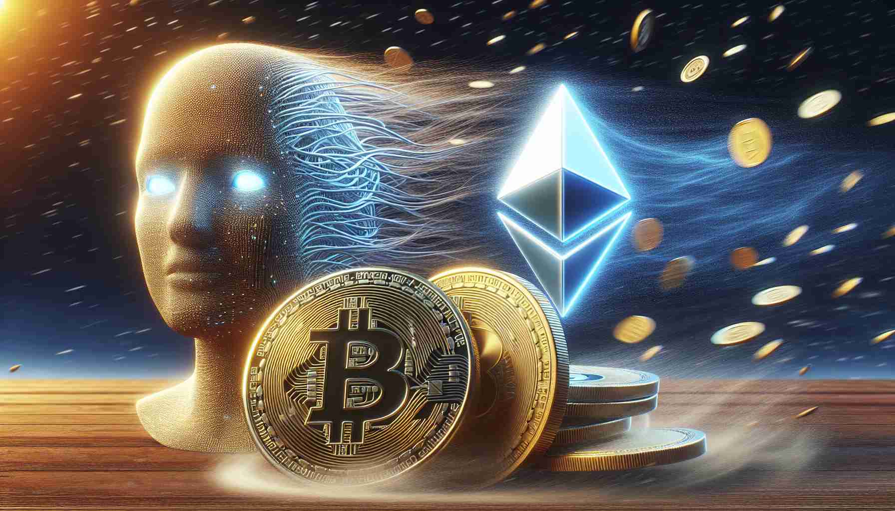 A highly detailed, realistic representation of physical Bitcoin and Ethereum tokens. The visual metaphor of 'face headwinds' is represented as a gust of wind blowing against the coins, possibly causing them to tilt or sway. In the backdrop, symbolic is the rise of artificial intelligence and meme token concepts, represented as a bright light or stars outshining the Bitcoin and Ethereum.