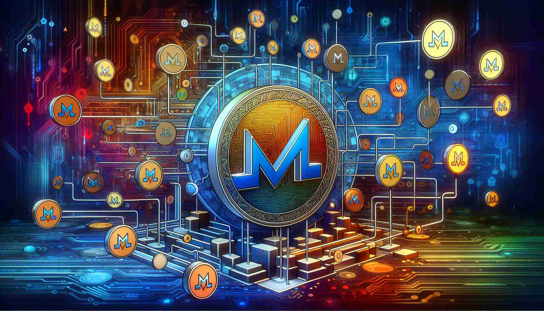 An HD, digitally-artistic representation exploring the theme of 'Unlocking Value in Cryptography: Monero’s Market Prospects'. Picture a series of abstract symbols interweaving, hinting at Monero's logo and signifying cryptography. Include vibrant colors to contemplate the concept of market prospects and potential growth. Add a backdrop that gives the feeling of technological advancement and security—perhaps circuits or a digital landscape. Remember, it should invoke the sensation of unlocking potential and value.