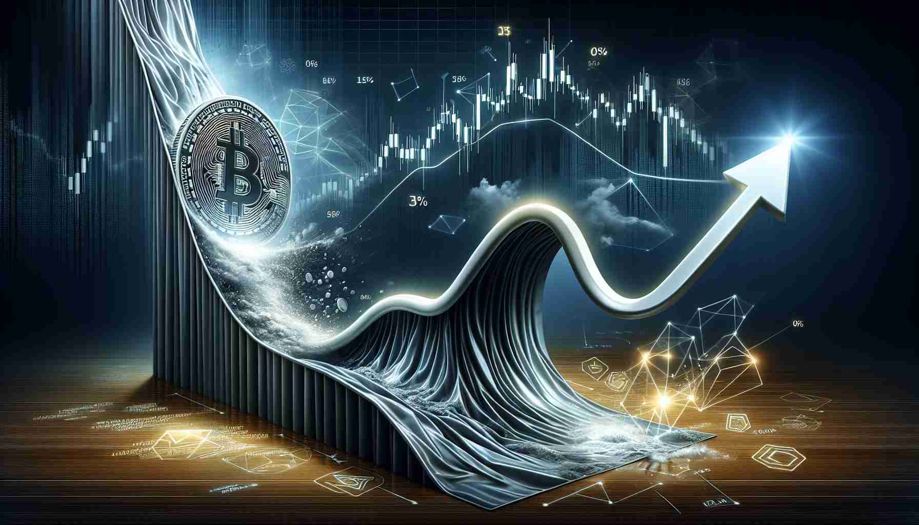 A realistic, high-definition image of the concept of a silver lining in the cryptocurrency market, visualized as a mid-cycle dip. Picture an abstract financial graph with dramatic curves representing the volatility of the crypto market. The deep dip in the middle symbolizes the mid-cycle low point. Emerging from this dip, a silver streak signifies the opportunity and potential growth. Include elements that evoke the world of cryptocurrency, such as digital symbols, code, and maybe a stylized bitcoin. The overall tone should convey optimism amidst uncertainty.