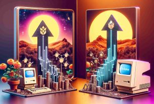 An HD image illustrating the concept of Solana blockchain's growth mirroring the historical approach of Apple's Macintosh computer. On one side, display a stylized upward arrow symbolizing Solana's growth, possibly incorporating elements associated with blockchain like chains or nodes. On the other side, showcase an old-fashioned personal computer (avoid any explicit branding) representing the rise of the Macintosh. Add a mirror between the two halves of the image, symbolizing the mirroring of the approaches. Make the setting nuanced, visually appealing, realistic and vibrant.