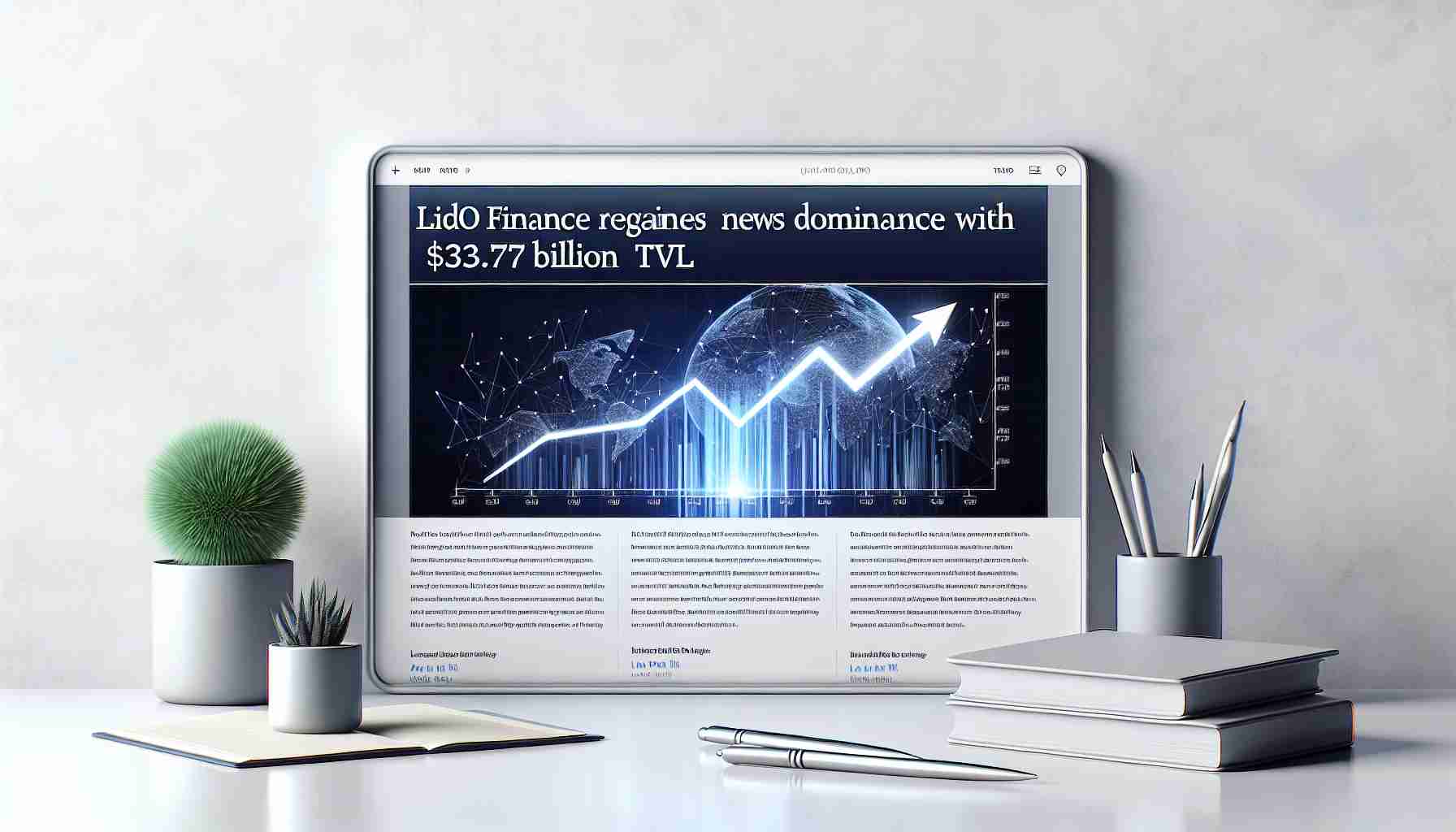 Create a high-resolution, realistic image of a headline saying 'Lido Finance Regains Dominance with $33.77 Billion TVL'. The headline should be displayed in bold letters, on an aesthetically pleasing, minimalistic web page. There should be accompanying abstract financial imagery, perhaps graphs or charts showing upward trends, illustrating the success of Lido Finance.