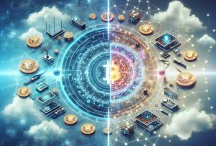 Create a high definition, realistic image depicting the merging of two entities in the cryptocurrency and artificial intelligence sector, set in the month of July. The scenario should evoke symbolism of revolution, with futuristic tech symbols and distinct features like circulating crypto coins and AI elements like neural network visuals.