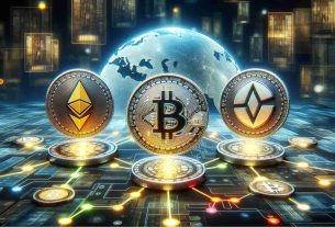 A high-definition, photorealistic image that illustrates four alternative cryptocurrencies, their symbol and design details, that have the potential to significantly influence the crypto market. The crypto coins are scattered on a digital landscape with a background suggesting innovative, technological change.