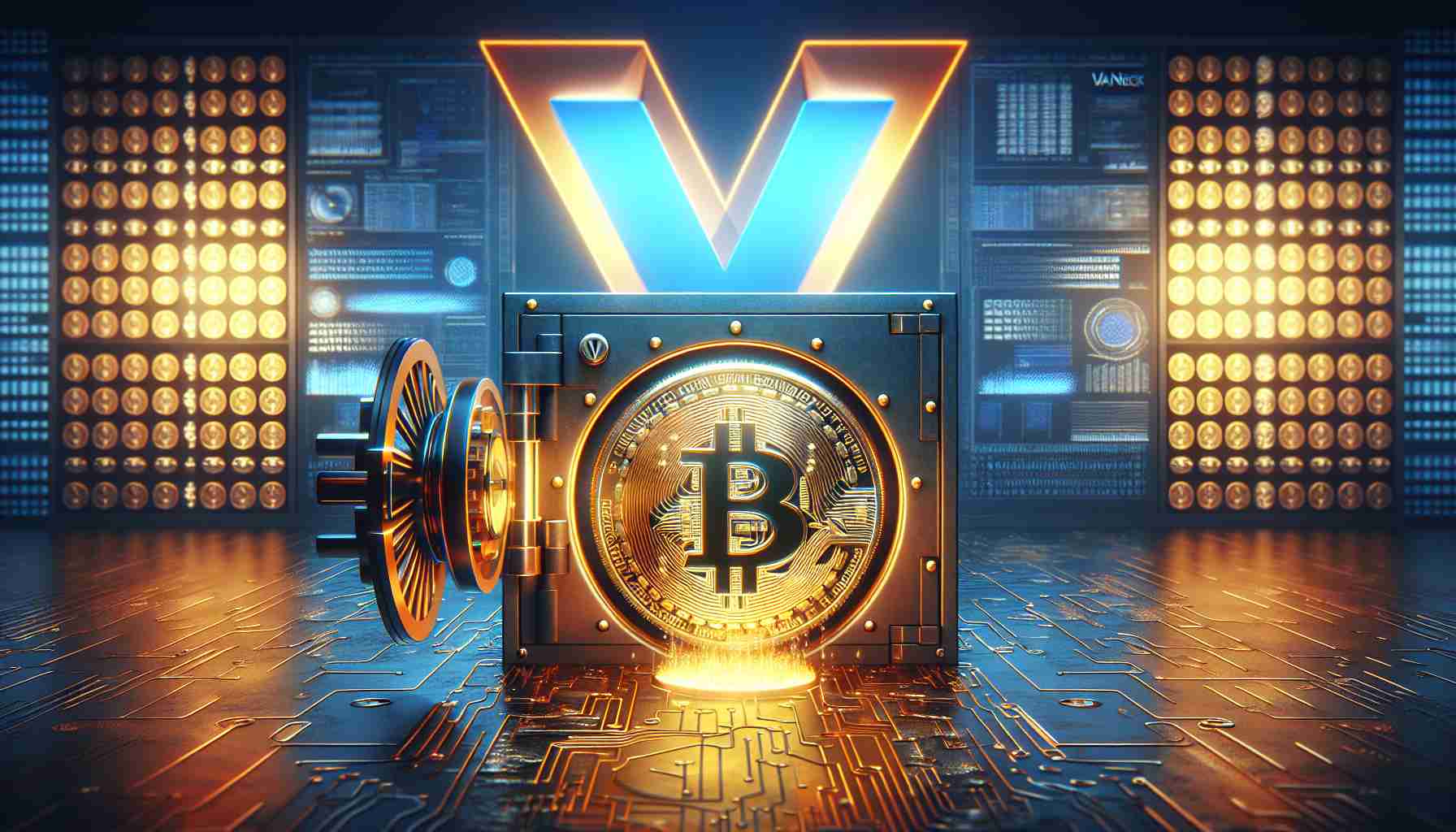 A realistic high-definition image representing an abstract concept of digital asset security enhancement. It should include symbolic elements such as a golden vault, symbolizing Coinbase Custodianship, opening to reveal a shining Bitcoin, representing the digital asset. Also include the logo of VanEck, an abstract 'V' shape in blue and orange shades, looming over the scene to signify their involvement. Please note the scene is not to include any people.