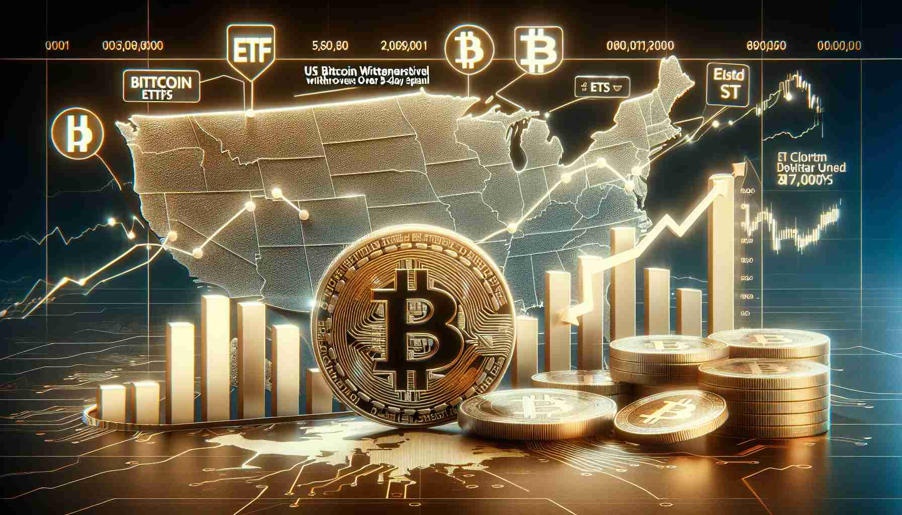 An HD image depicting the concept of 'US Bitcoin ETFs Witness Extensive Capital Withdrawals Over Five-Day Span'. Include symbols such as Bitcoin logo, graphs indicating capital withdrawal over a five-day span, the abbreviations 'ETF' written prominently, and the map of the United States. Use a realistic photographic style.