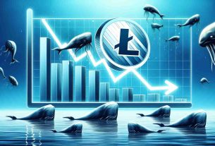 A high-definition realistic illustration of a dropping Litecoin price represented on a screen, perhaps incorporated into a bar graph or line graph, with subtle imagery of large sea creatures indicative of 'whales' gathering, possibly shadowy figures over the sea or an ocean backdrop.