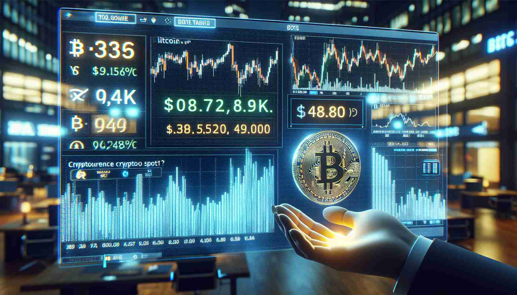 A high-definition realistic image showing a digital screen update in a stock market scenario displaying cryptocurrency rates. The primary focus is on Bitcoin which shows a value dip below $64K. Another part of the screen hints at upcoming Crypto Spot Trading.