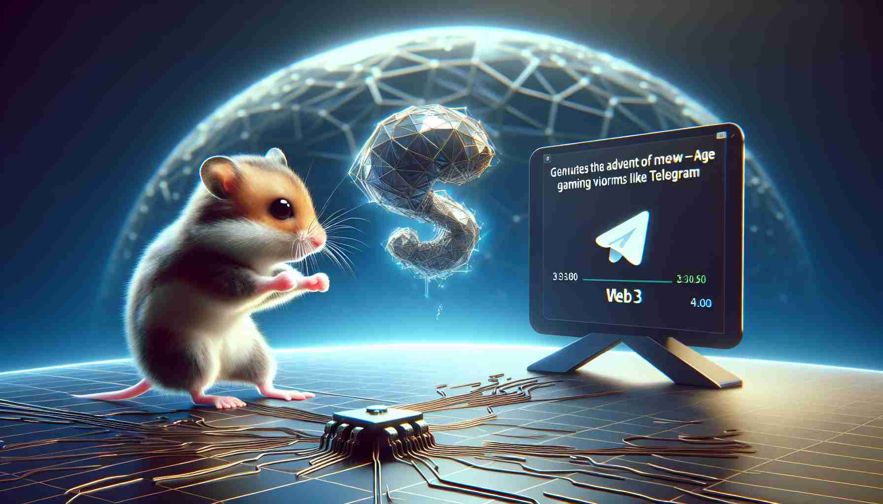 Generate a HD realistic image showing the advent of new-age gaming via platforms like telegram. Picture a cute hamster engaged in an intense yet friendly combat, hinting towards a revolution in the field of online gaming. To represent the concept of Web3, incorporate a futuristic-looking web-like structure in the background. The scene should reflect innovation, advancement, and a shift towards more internet-based technologies in the field of gaming.