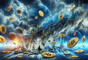 A high-definition image depicting the concept of a turbulent cryptocurrency market with significant liquidations. Please include an abstract representation of graphs and charts plummeting, coins representing various cryptocurrencies like Bitcoin and Ethereum falling from the sky, and perhaps a stormy atmosphere to signify turbulence.