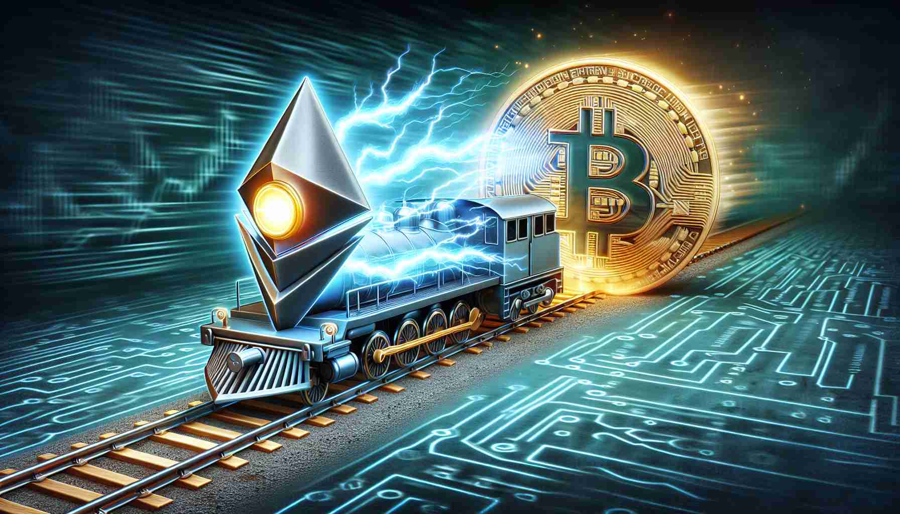 A detailed, high-definition image showing the concept of Ethereum Exchange-Traded Products gaining momentum over Bitcoin. The picture should depict Ethereum symbol in the form of a train charged with electric energy gaining speed, metaphorically indicating its momentum. At the background, there's the Bitcoin symbol, rendered slightly pale to symbolize its comparative lag. The overall mood of the image should be dynamic and exciting, hinting at the world of digital currency trading and its unpredictable yet fascinating nature.