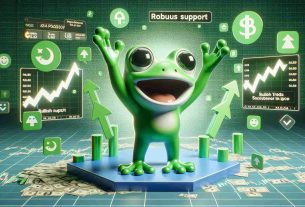 A high-definition realistic representation of a generic green cartoon frog with large round eyes and a quirky expression, throwing its arms up in air, surrounded by a virtual environment which is flooded with positive sentiment indicators such as green arrows pointing upwards, stock graphs displaying growth and emojis symbolizing success and support. The environment also includes textual phrase 'Robust Support' and 'Bullish Trends Emerge'.