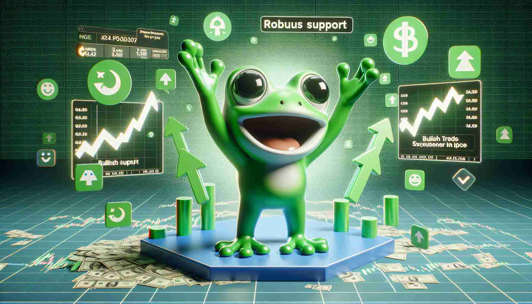 A high-definition realistic representation of a generic green cartoon frog with large round eyes and a quirky expression, throwing its arms up in air, surrounded by a virtual environment which is flooded with positive sentiment indicators such as green arrows pointing upwards, stock graphs displaying growth and emojis symbolizing success and support. The environment also includes textual phrase 'Robust Support' and 'Bullish Trends Emerge'.