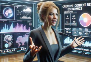 HD quality realistic image of a blond-haired woman in professional attire passionately discussing creative content economics in the context of immersive technologies. The setting is a modern conference room with a digital interactive panel showcasing graphs and data relating to economics and technology.