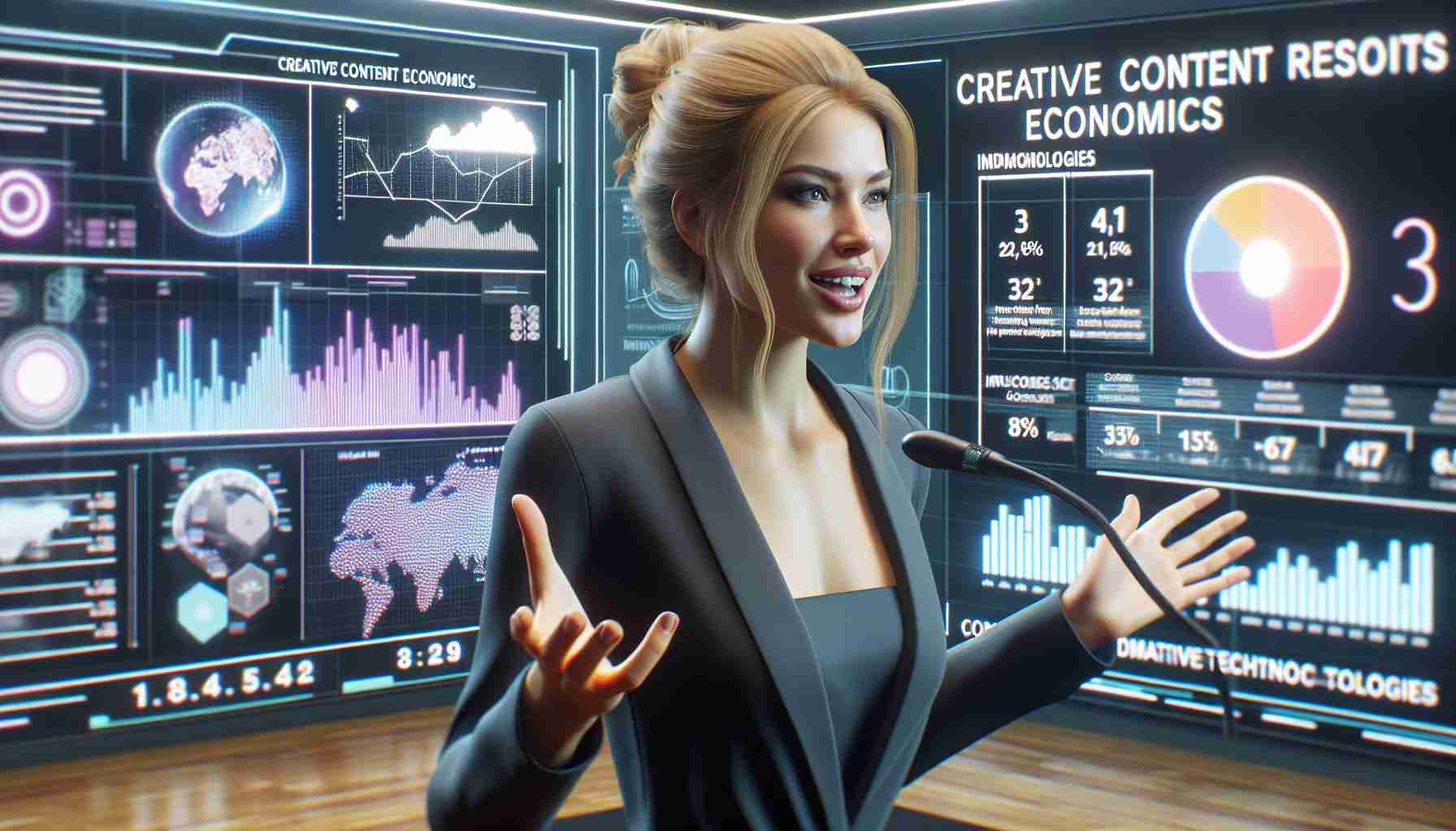 HD quality realistic image of a blond-haired woman in professional attire passionately discussing creative content economics in the context of immersive technologies. The setting is a modern conference room with a digital interactive panel showcasing graphs and data relating to economics and technology.