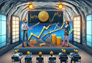 An accurately portrayed HD image of a metaphorical presentation demonstrating the influence of Bitcoin miners on its market prices. It includes a visual representation of cryptographic 'miners' with diverse races and genders - an Asian female and a Black male, both engaged in a mining activity with pickaxes and helmets in a cryptographic 'mine'. Beside them, a screen with fluctuating graph lines indicating changes in Bitcoin prices, correlating with their mining efforts. The image is to convey the concept of the symbiotic relationship between Cryptocurrency mining and its impact on market prices.