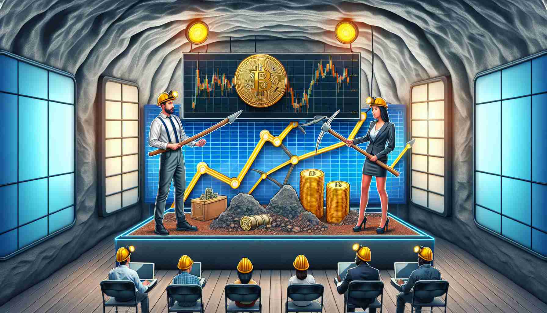 An accurately portrayed HD image of a metaphorical presentation demonstrating the influence of Bitcoin miners on its market prices. It includes a visual representation of cryptographic 'miners' with diverse races and genders - an Asian female and a Black male, both engaged in a mining activity with pickaxes and helmets in a cryptographic 'mine'. Beside them, a screen with fluctuating graph lines indicating changes in Bitcoin prices, correlating with their mining efforts. The image is to convey the concept of the symbiotic relationship between Cryptocurrency mining and its impact on market prices.