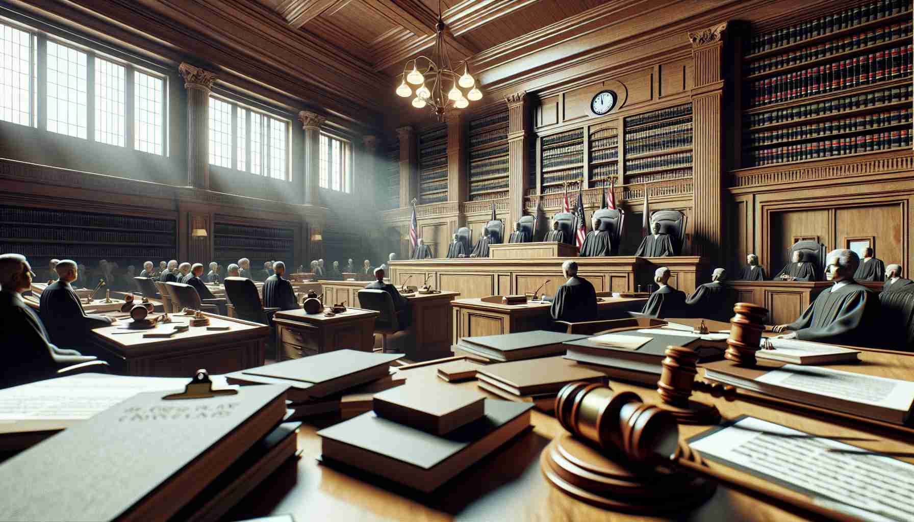 High-definition, realistic image representing the challenging atmosphere after a controversial court ruling in a generic federal court. The image features a detailed court room filled with legal documents, judges' gavels, and discernible tension in the air reflecting the potential impact on future administrative regulations. Please note: no specific or real people should be represented in this image, instead use generic figures.