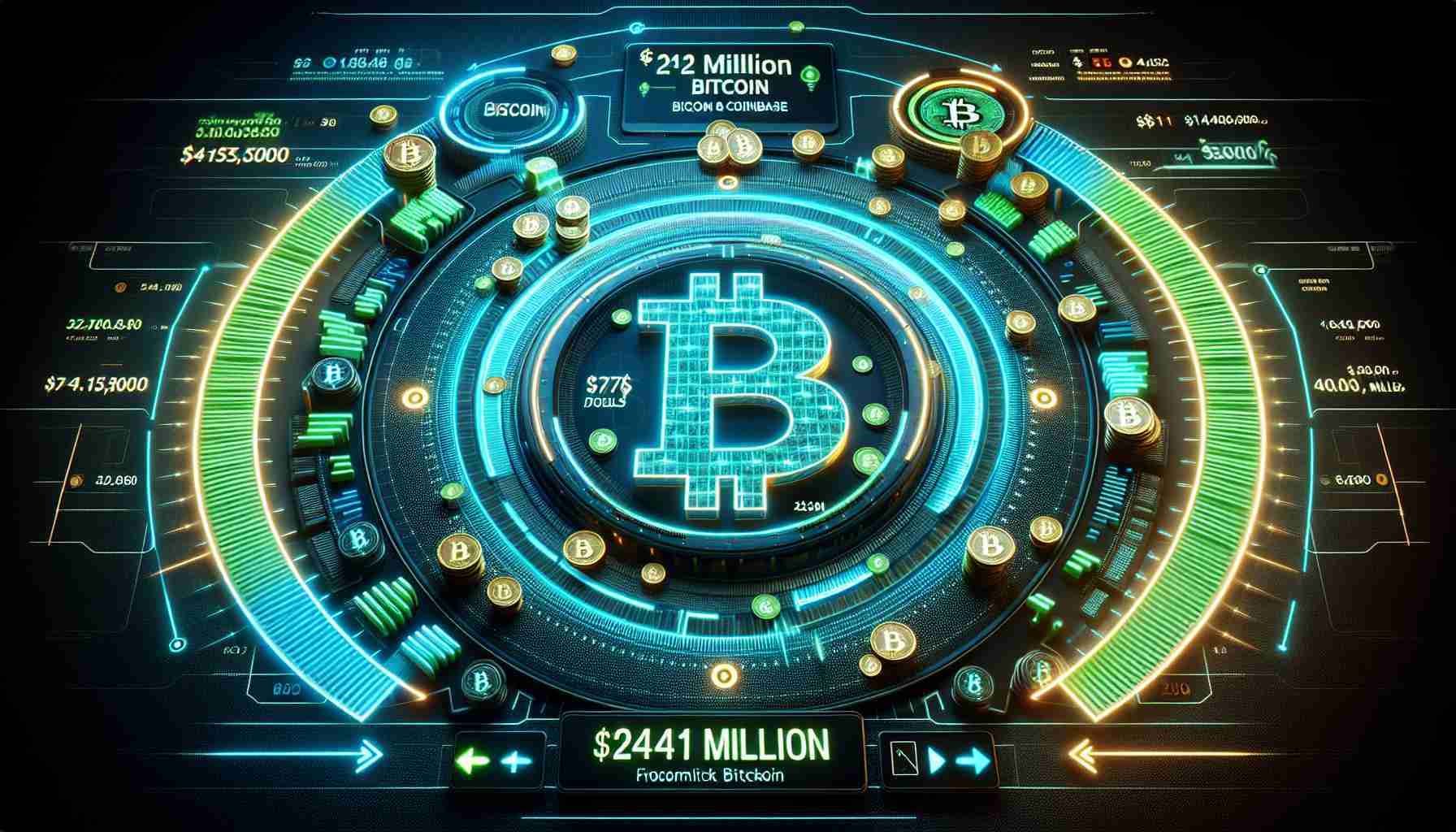 A highly detailed and realistic image that represents the transfer of 241 million dollars worth of Bitcoin from the Silk Road Bitcoin Wallet to Coinbase. The image could look like a sleek digital dashboard, with neon blue and green charts that represent the massive transaction. It should have indicators for the Silk Road Wallet and Coinbase, with animated arrows showing the transfer directions of the Bitcoins. In the centre, the amount '$241 Million' should be prominently displayed. The entire setting should evoke high-end finance and high-tech sophistication.