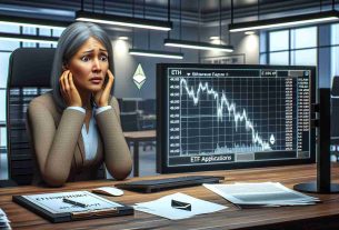 A realistic, high definition image illustrating the concept of Ethereum facing downward pressure. This can be symbolized by a mid-aged, South Asian female trader looking worriedly at a computer screen displaying a declining Ethereum graph, implying financial stress. The setting is a sophisticated office with modern design elements. Also, incorporate a document labelled 'ETF Applications' on her desk, immediately hinting at the SEC deliberations. The sheer complexity of the situation adds an overall serious and intense atmosphere to the scene.