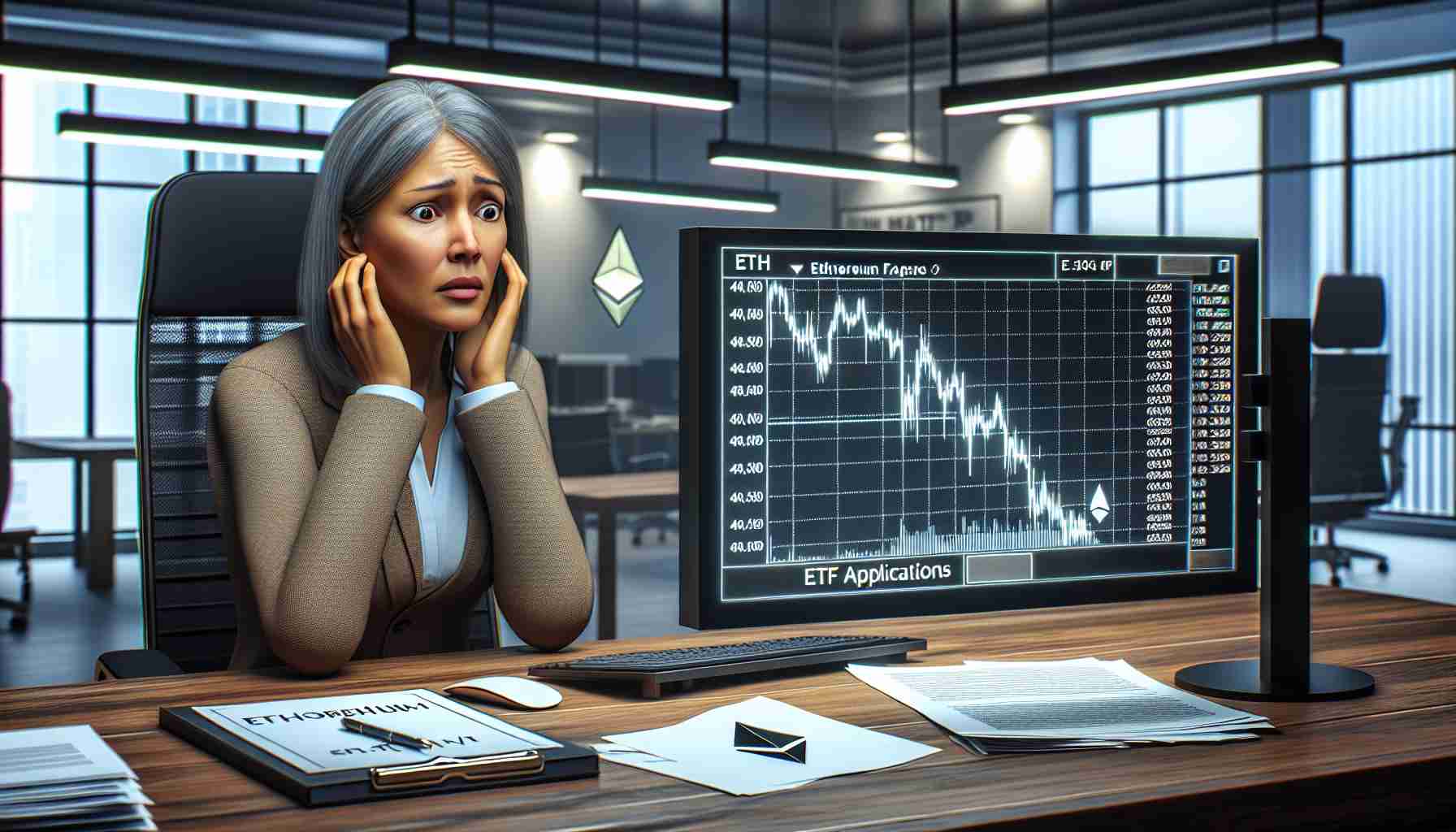 A realistic, high definition image illustrating the concept of Ethereum facing downward pressure. This can be symbolized by a mid-aged, South Asian female trader looking worriedly at a computer screen displaying a declining Ethereum graph, implying financial stress. The setting is a sophisticated office with modern design elements. Also, incorporate a document labelled 'ETF Applications' on her desk, immediately hinting at the SEC deliberations. The sheer complexity of the situation adds an overall serious and intense atmosphere to the scene.