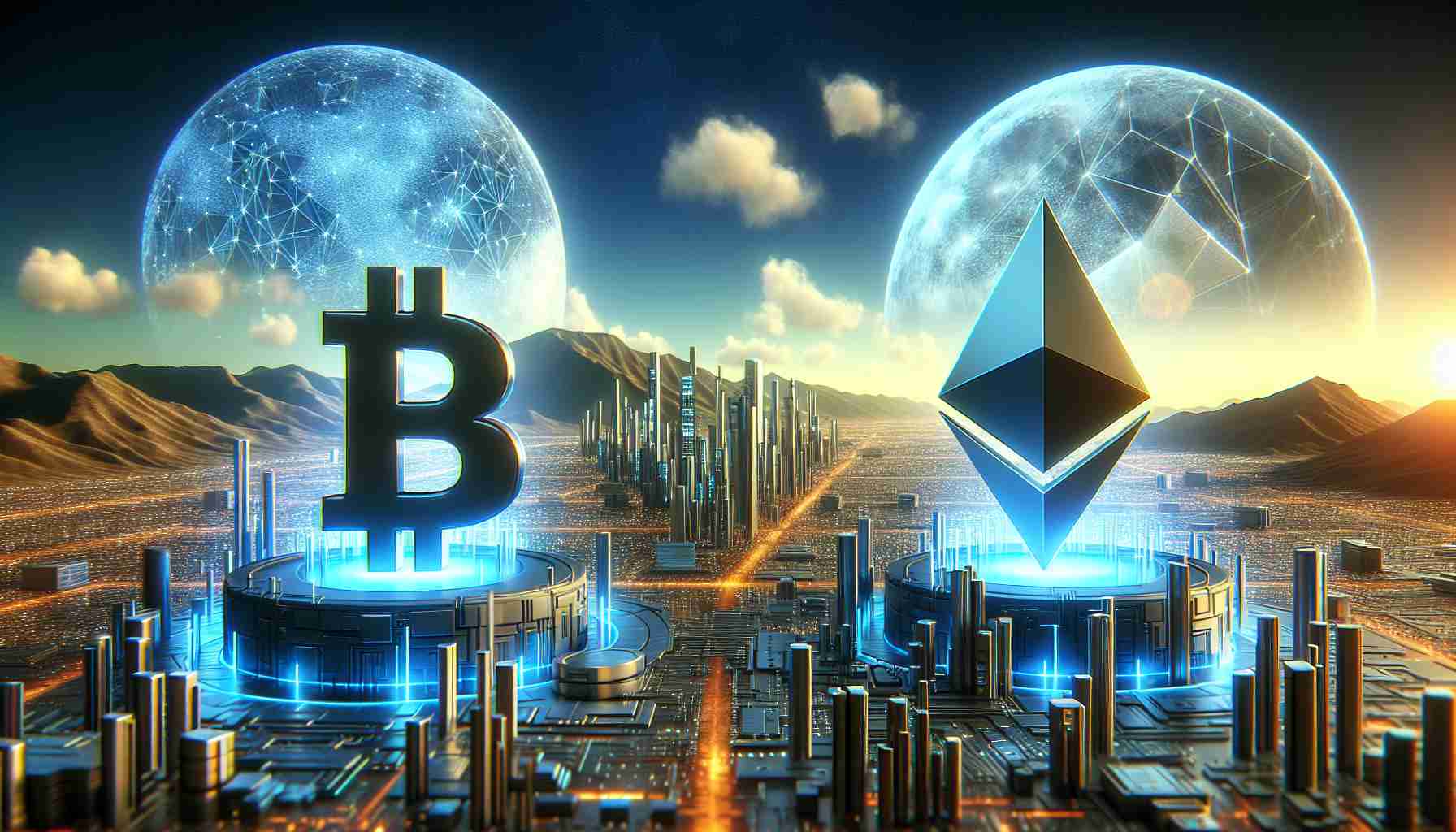 Create a realistic, high-definition image featuring the symbolic representation of the future of cryptocurrency. Show two structures standing side by side. Each structure should be designed uniquely to indicate the distinct natures of Bitcoin and Ethereum derivatives. Furthermore, depict the structures in a setting that represents the future, perhaps with advanced technologies, futuristic landscapes, and digital aesthetics.