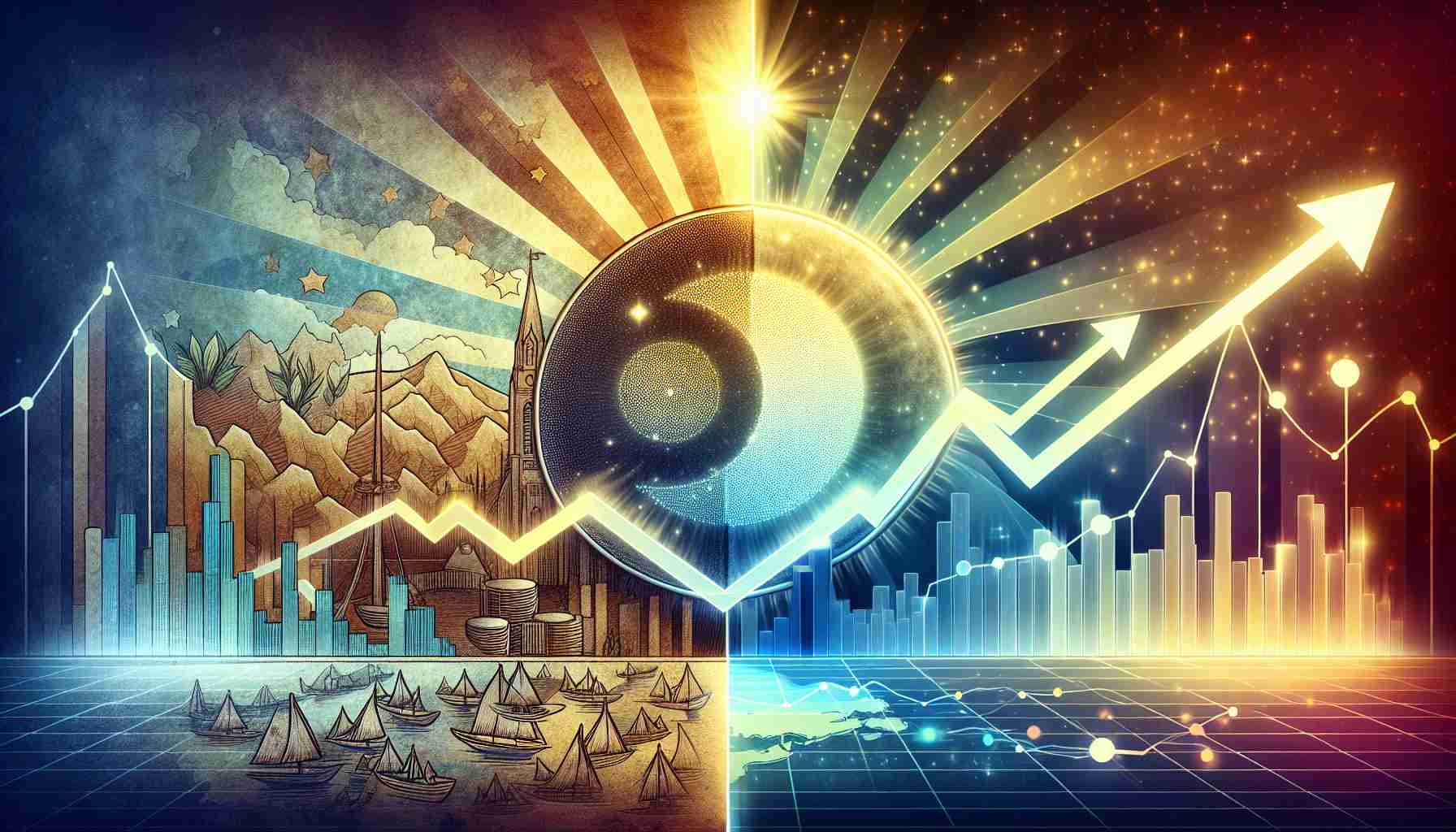 Create a highly detailed, high definition illustration representing the metaphorical concept of XRP's potential. Show an impressive historical timeline with rising and falling charts indicating past performances of XRP. On one side, have a visually stunning representation of the past with faded colors. On the other, envision the future of XRP with bright, hopeful colors and dynamic growth charts. The future side should also depict a spotlight highlighting the potential earnings of XRP. Please make sure the whole visuals communicate a sense of potential and optimism.