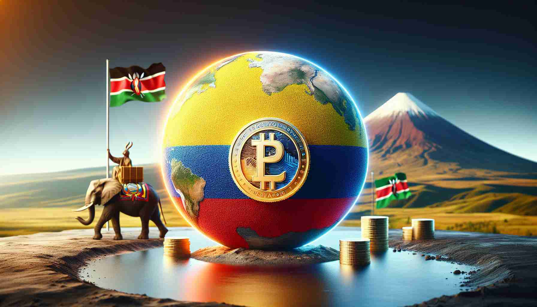 High-definition, realistic image of the symbols of Worldcoin, represented by a globe-shaped coin, gaining traction in a setting that represents Ecuador. This can be signified by symbols of Ecuador such as the tricolor flag or landmarks like the Cotopaxi Volcano in the background. Additionally, to symbolize restarting operations in Kenya, include symbols of renewal or awakening, like a sunrise, incorporated with Kenyan landmarks or symbols, like the Red Elephant or the national flag.