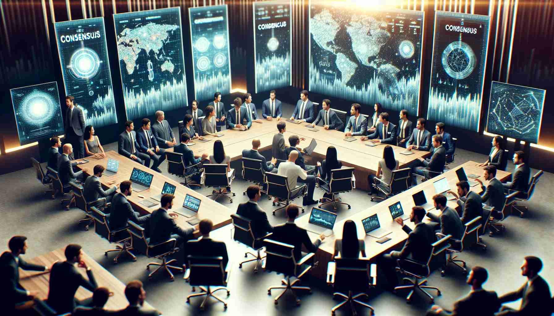 High-definition, realistic image of a gathering taking place in 2024 titled 'Consensus'. The scene is filled with financial advisors of various descents and genders. They are engaged in enthusiastic discussions, with a healthy air of collaboration and respect. Varying degrees of digital technology are displayed across the room as the advisors navigate through dynamic visual representations of cryptocurrency markets, reflecting the main theme of the conference. The body language and expressions of everyone present suggest a growing acceptance and embrace of cryptocurrency. The ambiance of modernity combined with traditional financial acumen paints a telling picture of the evolving financial landscape.