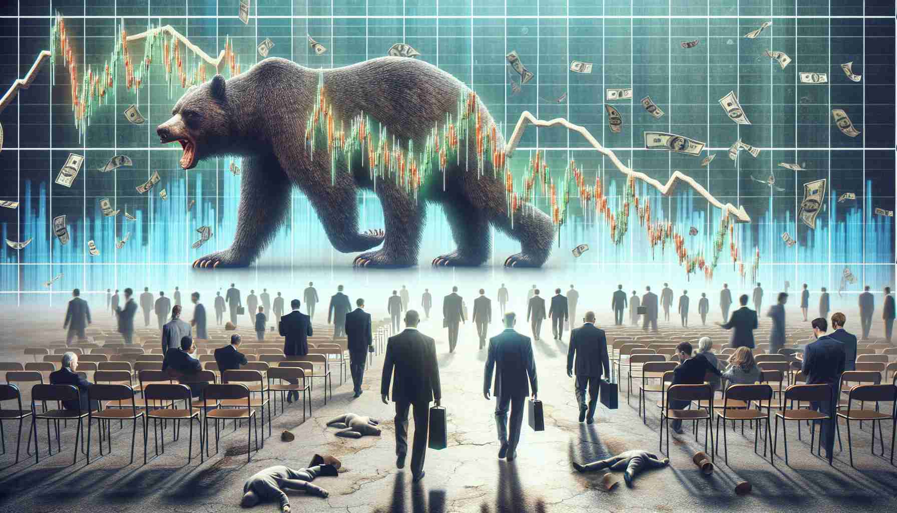 Generate a realistic high-definition image portraying the metaphorical decline in investor interest towards Cardano. The composition may include a bearish stock market chart showing a downward trend to represent the decline. Incorporate other symbolic elements such as dwindling crowd of people walking away, and deserted conference rooms for investor meetings, all to convey the theme of decreased enthusiasm and investment.