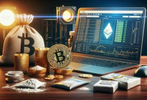 A high-definition, realistic image showing the concept of illegal trade transactions via cryptocurrency, specifically involving narcotics manufacturing. This is metaphoric, with stacks of digital crypto coins such as Bitcoin and Ethereum on one side, next to a laptop showing a blockchain transaction. On the other side, discreet packages commonly associated with illicit substances. The background features a strobe-light, to symbolize the 'revelatory' nature of the subject, there is also a FinCEN notice on a desk, representing the regulatory scrutiny these transactions are under.