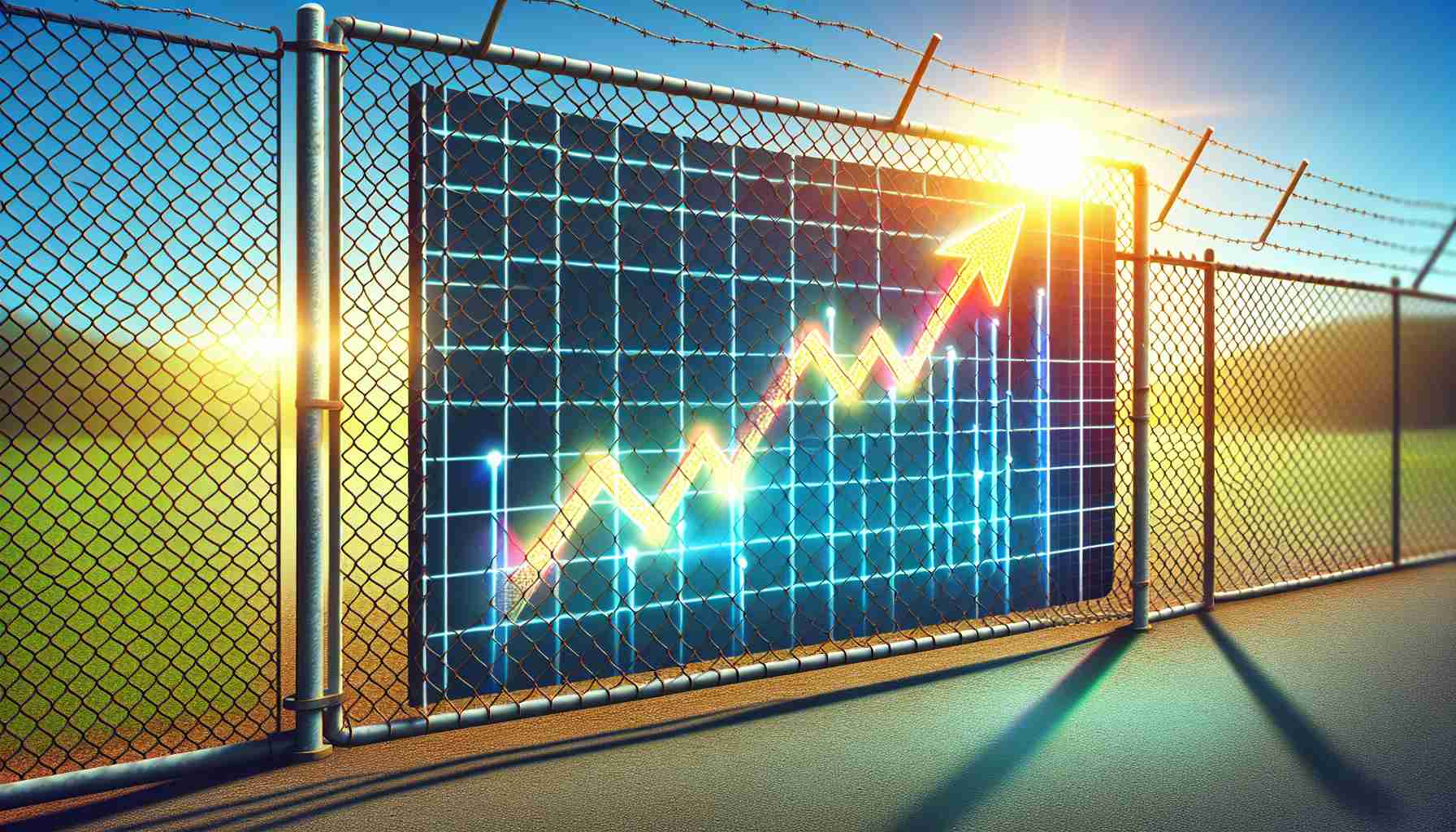 Create a high-definition, realistic digital art of a chainlink fence exhibiting a bullish trend. This should be visually represented by a graph plotted along the fence that shows a positive, upwards trajectory, symbolizing the recovery of the cryptocurrency market. The graph should be vibrant and the surroundings should reflect optimism with a clear blue sky and possibly early morning sunlight shining through the fence.